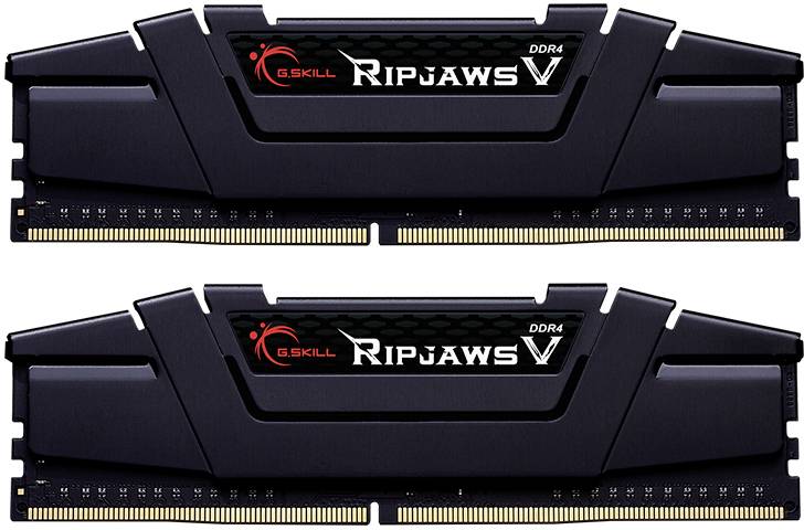 Deux barrettes de RAM DDR4 G.Skill Ripjaws V superposées, de couleur noire, pour des mises à niveau informatiques performantes.