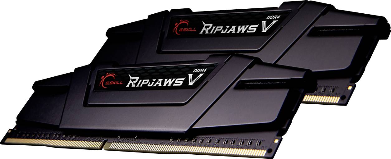 Deux modules de RAM G.Skill Ripjaws V noirs, légèrement inclinés l'un à côté de l'autre.