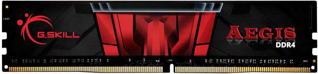 Module RAM DDR4 de G.Skill, série Aegis. Design marquant en rouge et noir avec l'inscription 'G.Skill Aegis DDR4'.