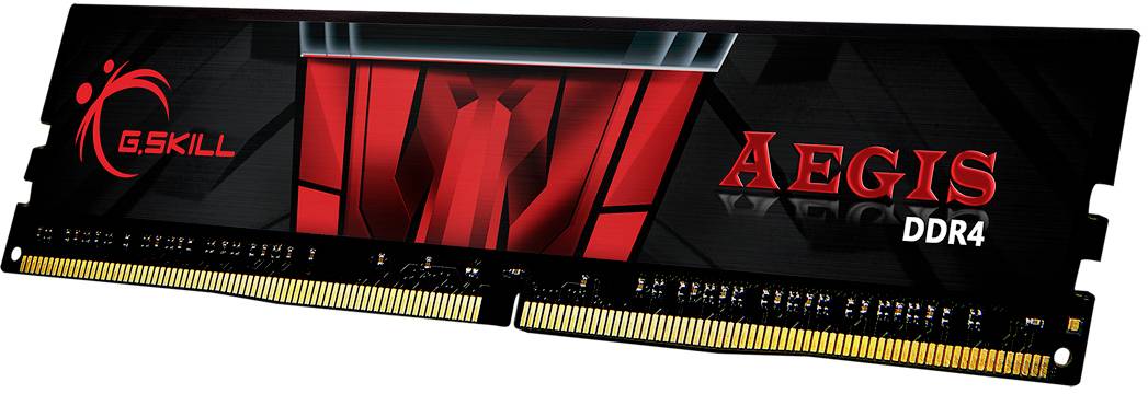 Un barreau de RAM DDR4 G.Skill Aegis noir avec un logo et un design rouges, avec une face de circuit imprimé présentant des contacts dorés.