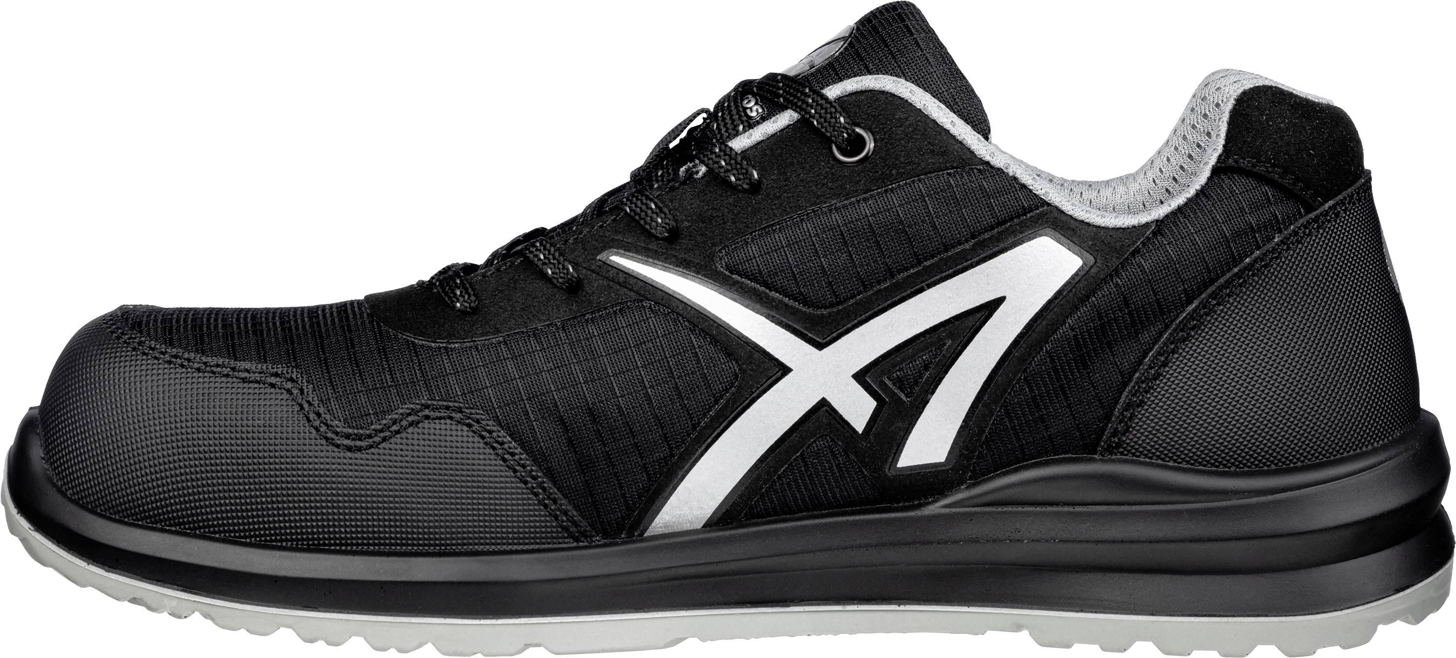 Chaussure de sport noire avec un logo blanc sur le côté, présentée de profil. La chaussure dispose d'une semelle rembourrée et de lacets.