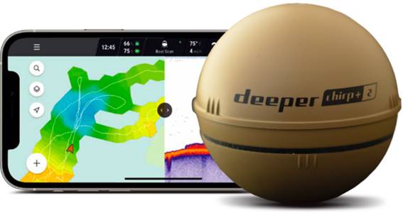Un smartphone affiche une application de pêche avec une carte de profondeur ; à côté à droite, un sondeur de pêche sphérique 'Deeper Chirp+ 2'.