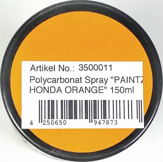 Couvercle d'un aérosol avec étiquette : 'Spray Polycarbonate PAINTz HONDA ORANGE' 150ml, Référence article 3500011, et code-barres.