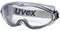 Lunettes de protection avec monture transparente et bandeau élastique portant l'inscription 'uvex'. Conçues pour la protection oculaire dans des environnements industriels.
