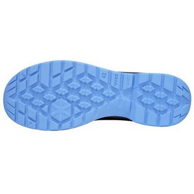 Semelle de chaussure de sécurité bleue et profilée portant l'inscription 'Uvex', de taille 42.