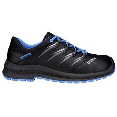 Une chaussure de ville noire avec des lacets bleus et une semelle bleue, de la marque 'Uvex'.
