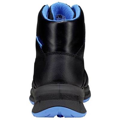 Chaussure noire avec doublure intérieure et semelle bleues, vue de dos.
