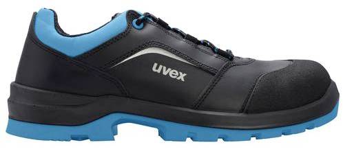 Une chaussure de sécurité noire avec des accents bleus et l'inscription 'uvex' sur le côté, adaptée aux environnements industriels.