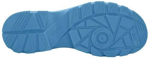 Semelle de chaussure bleue avec un profil antidérapant, présentant des formes complexes pour améliorer l'adhérence sur différentes surfaces.