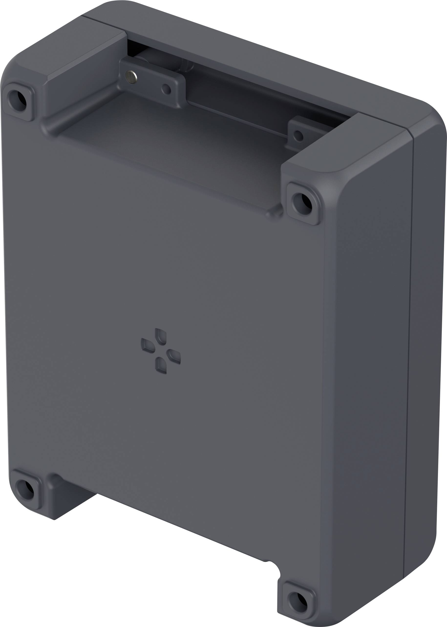 Boîtier gris avec quatre trous de vis aux coins, adapté pour la fixation murale d'appareils électroniques.