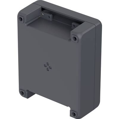 Boîtier gris avec quatre trous de vis aux coins, adapté pour la fixation murale d'appareils électroniques.