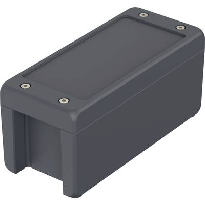 Boîtier en plastique gris, rectangulaire, avec des coins arrondis et quatre vis aux angles du couvercle supérieur.