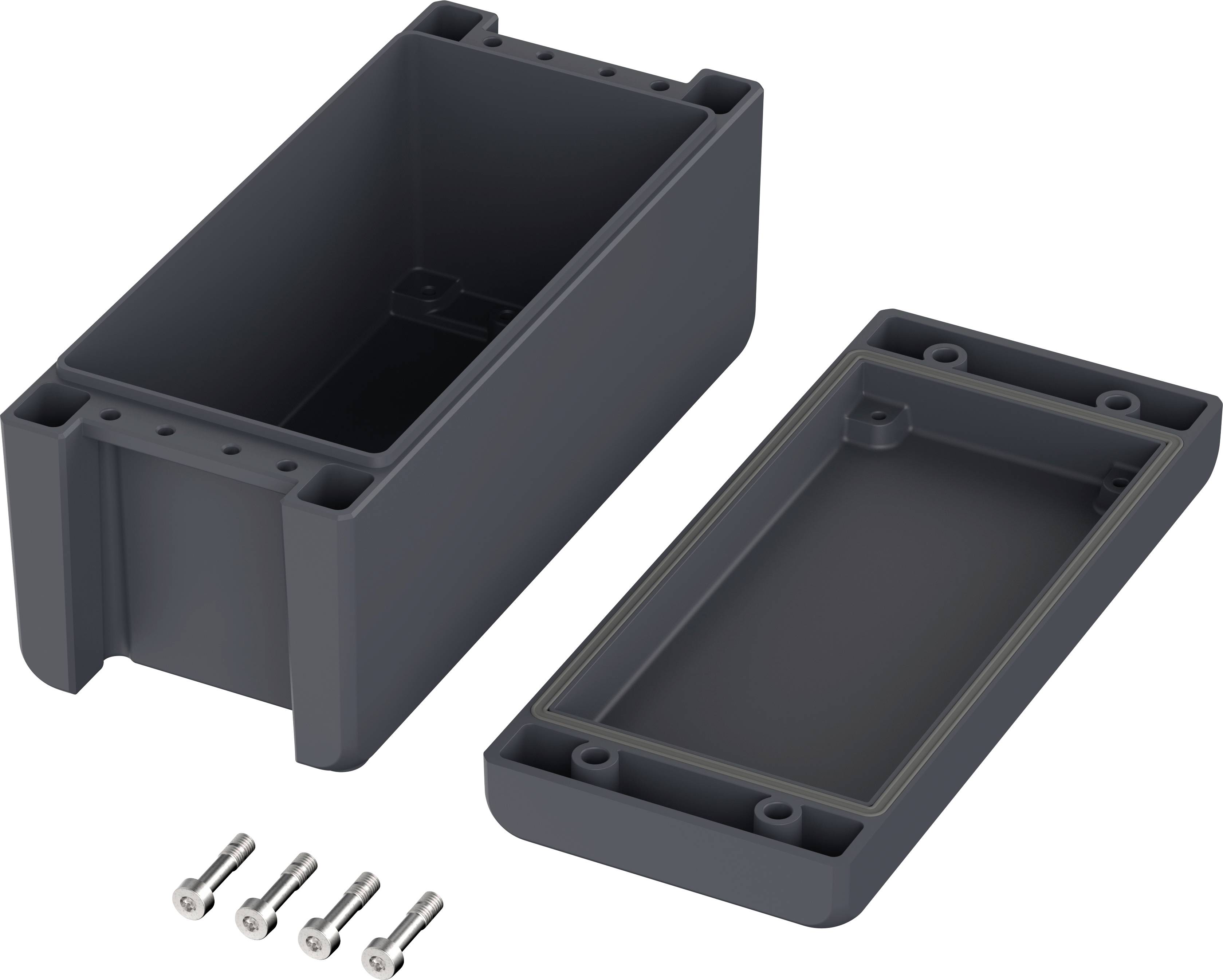 Boîtier en plastique gris avec couvercle amovible, ouvert. Quatre vis argentées à côté. Principalement utilisé pour des projets électroniques.