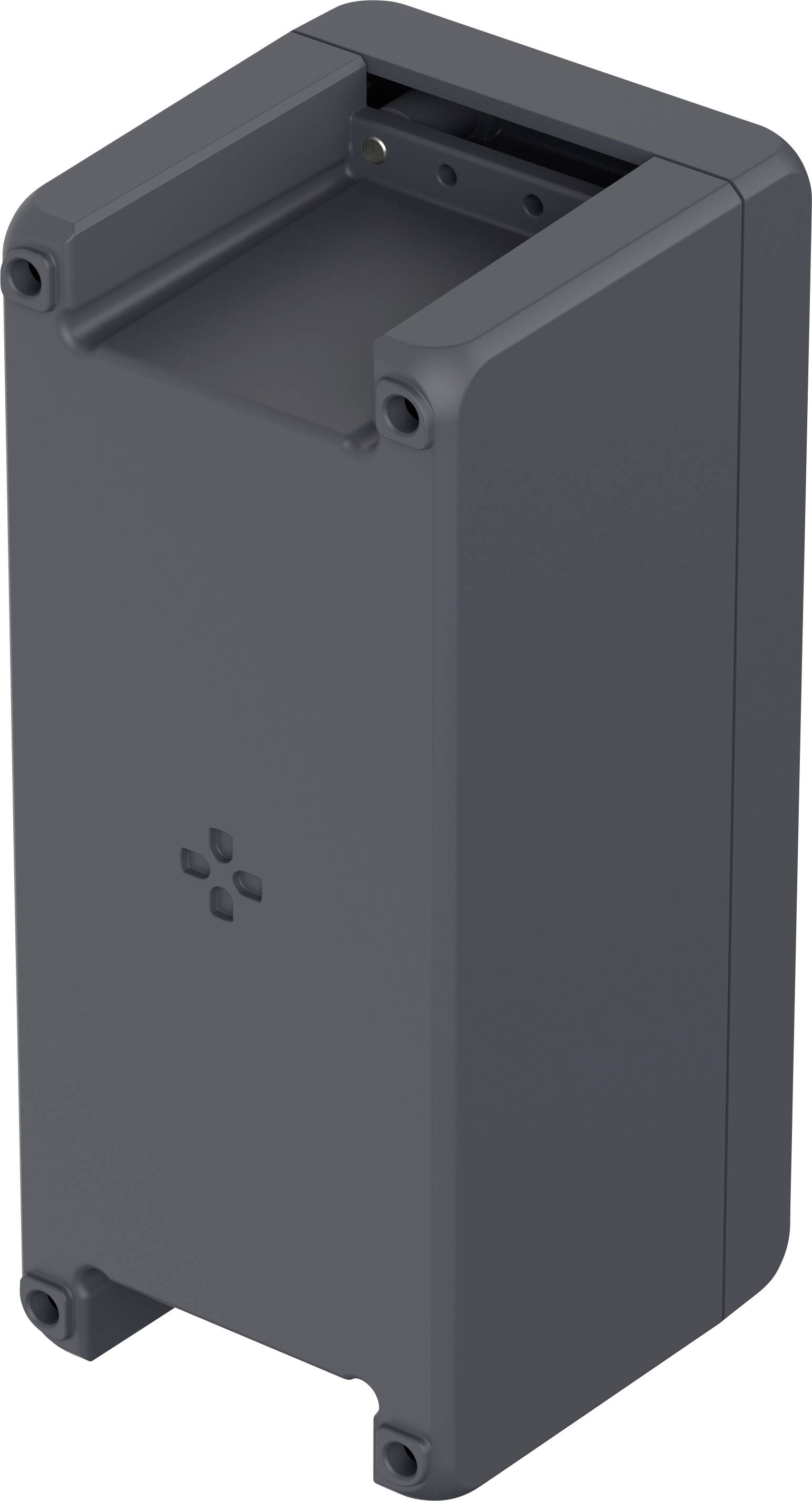 Un appareil rectangulaire gris foncé aux coins arrondis, doté de supports de fixation sur les côtés. Il présente un motif carré sur sa face avant.