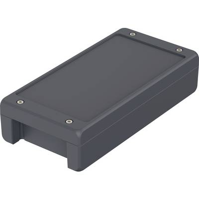 Boîtier rectangulaire en plastique sombre avec quatre vis aux coins. Il paraît robuste et industrialisé.