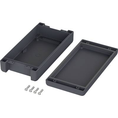 Un boîtier en plastique gris foncé ouvert avec son couvercle retiré. À côté se trouvent quatre petites vis.