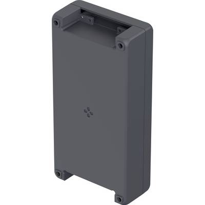 Un boîtier électronique rectangulaire gris avec des coins arrondis et des trous de vis à chaque angle.