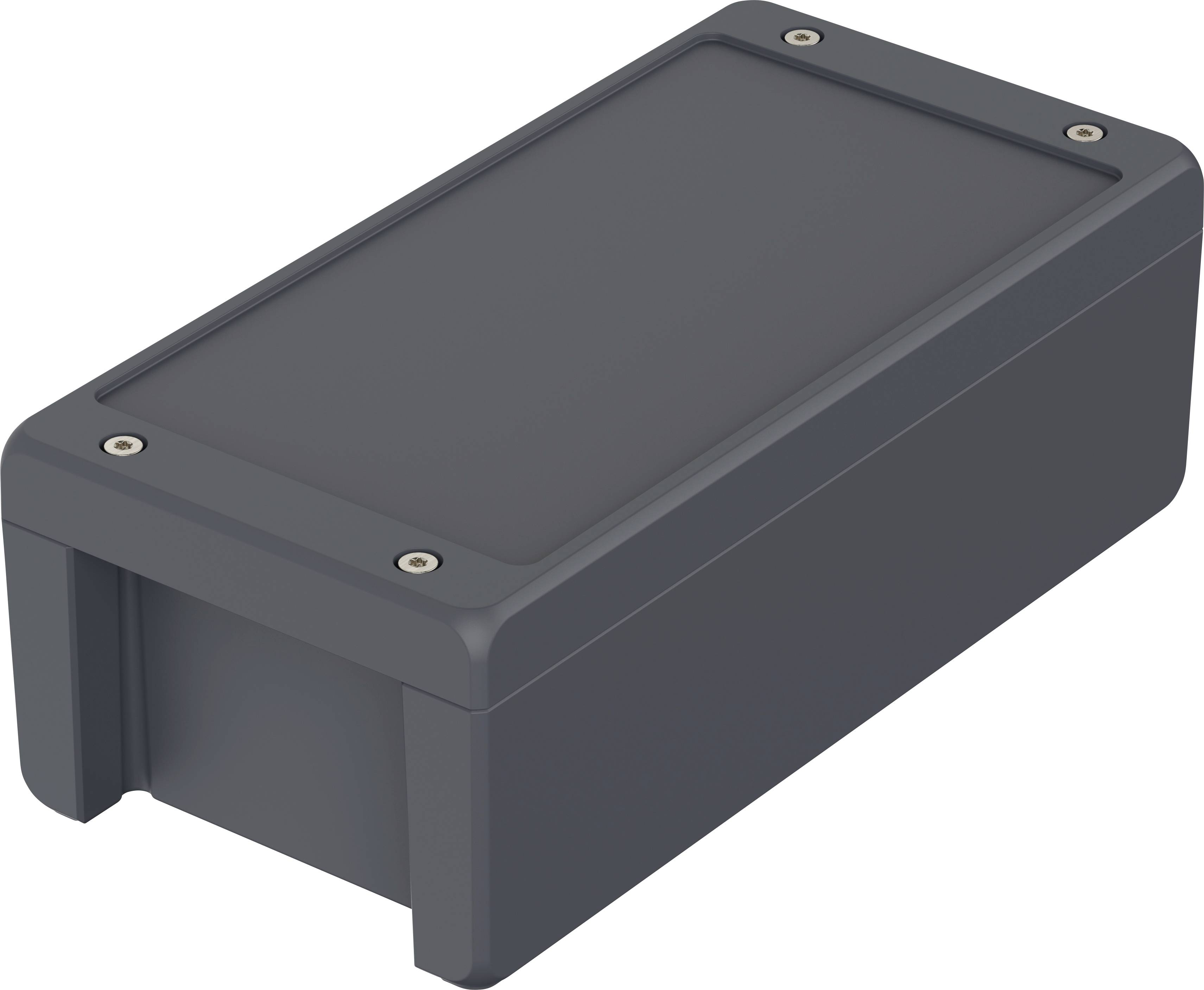 Boîtier noir rectangulaire aux coins arrondis avec des vis aux angles du couvercle supérieur.