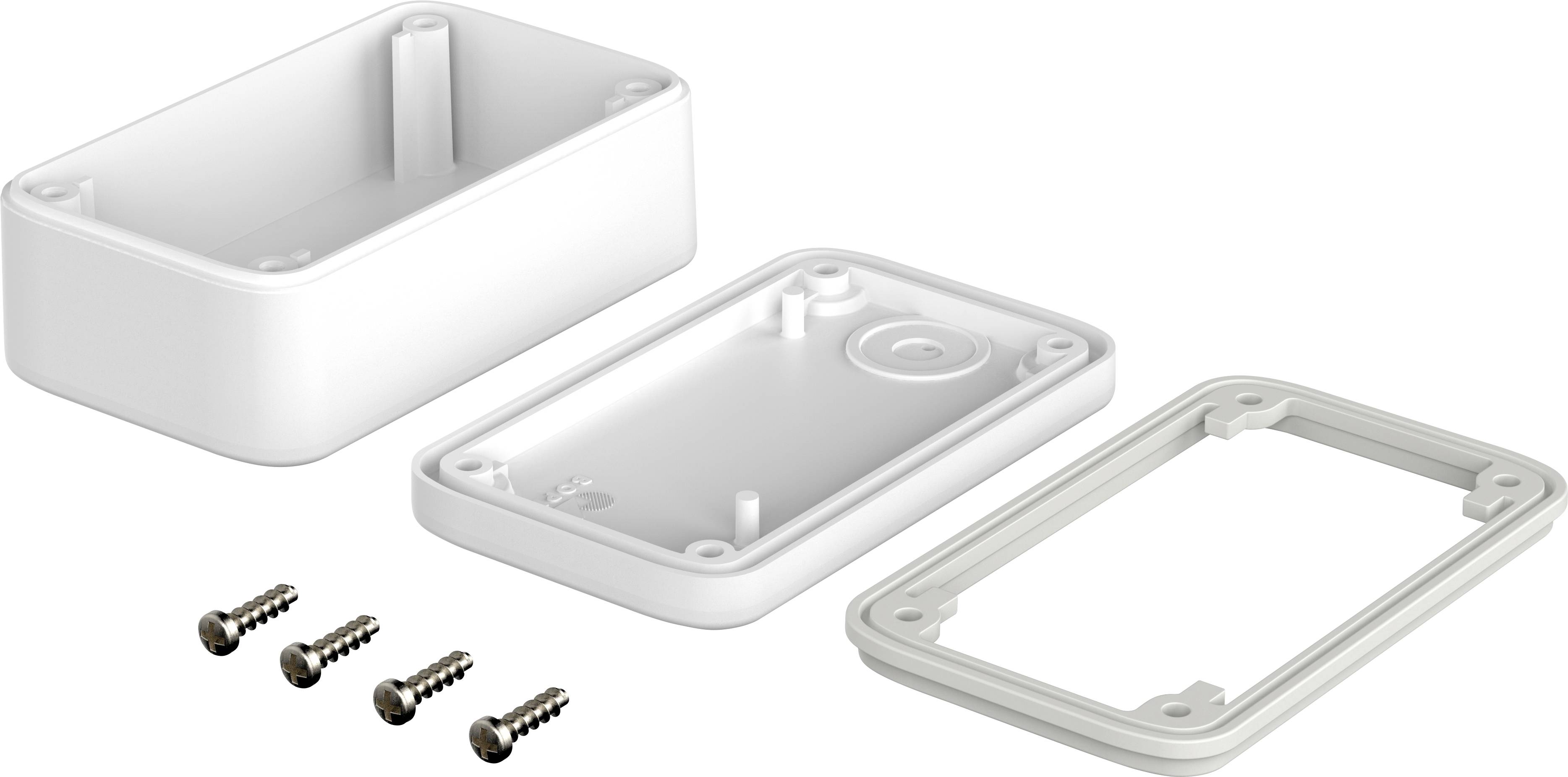 Un boîtier rectangulaire blanc, ouvert avec un couvercle et un cadre, est visible. Quatre vis sont posées à côté. Adapté pour le montage électronique.