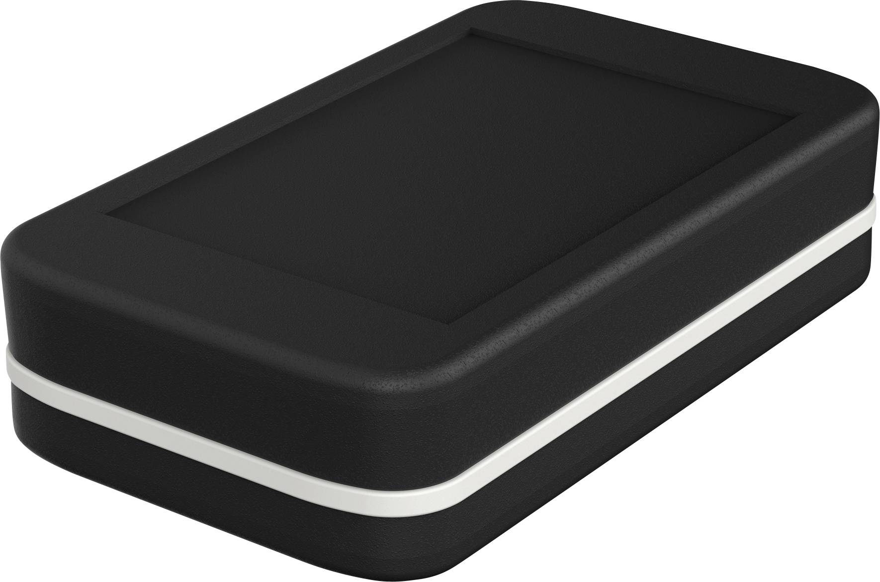 Un boîtier rectangulaire noir aux coins arrondis et bordé de blanc, ressemblant à un appareil électronique moderne.