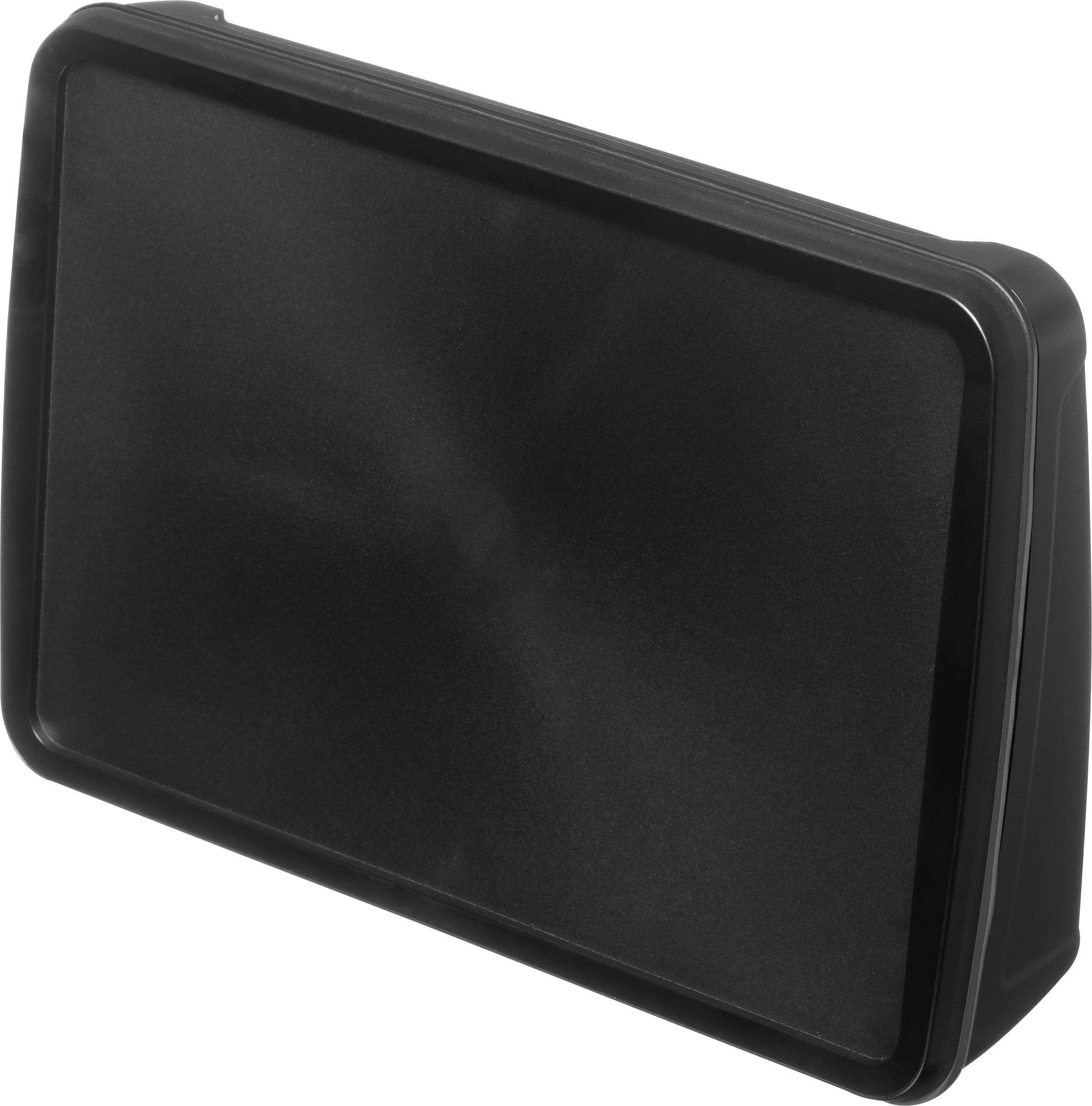Un couvercle en plastique noir rectangulaire aux coins arrondis.