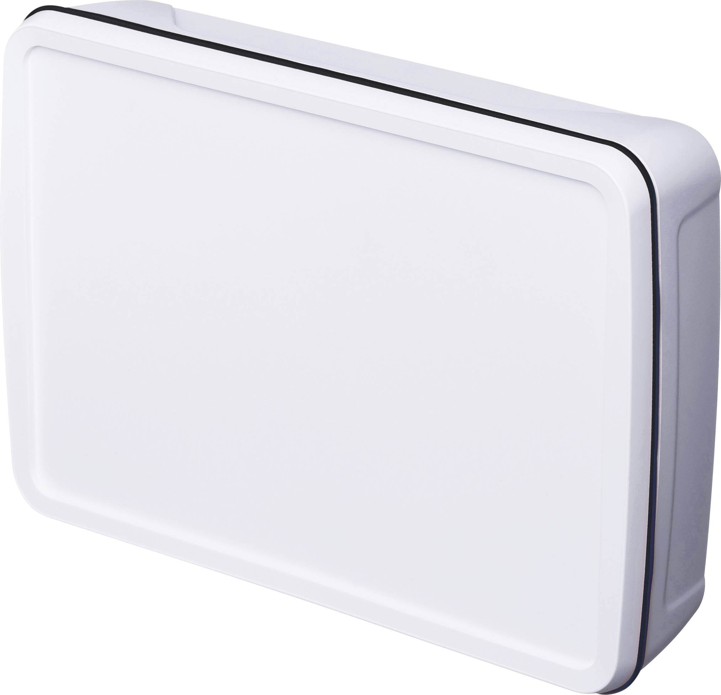 Boîte blanche rectangulaire aux coins arrondis sur un fond blanc.