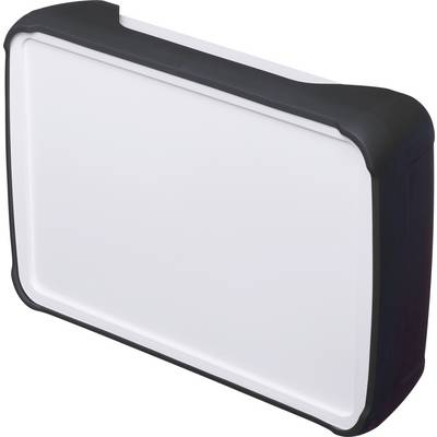 Un coffret rectangulaire en plastique noir et blanc aux coins arrondis. Aucune marque ou logo visible.