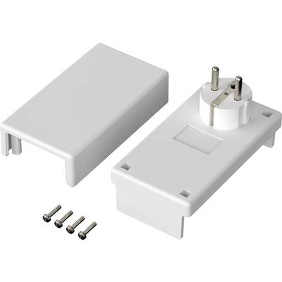 Couvercle en plastique blanc et boîtier de prise de courant avec dispositif de fixation par vis. Quatre vis de montage sont fournies.
