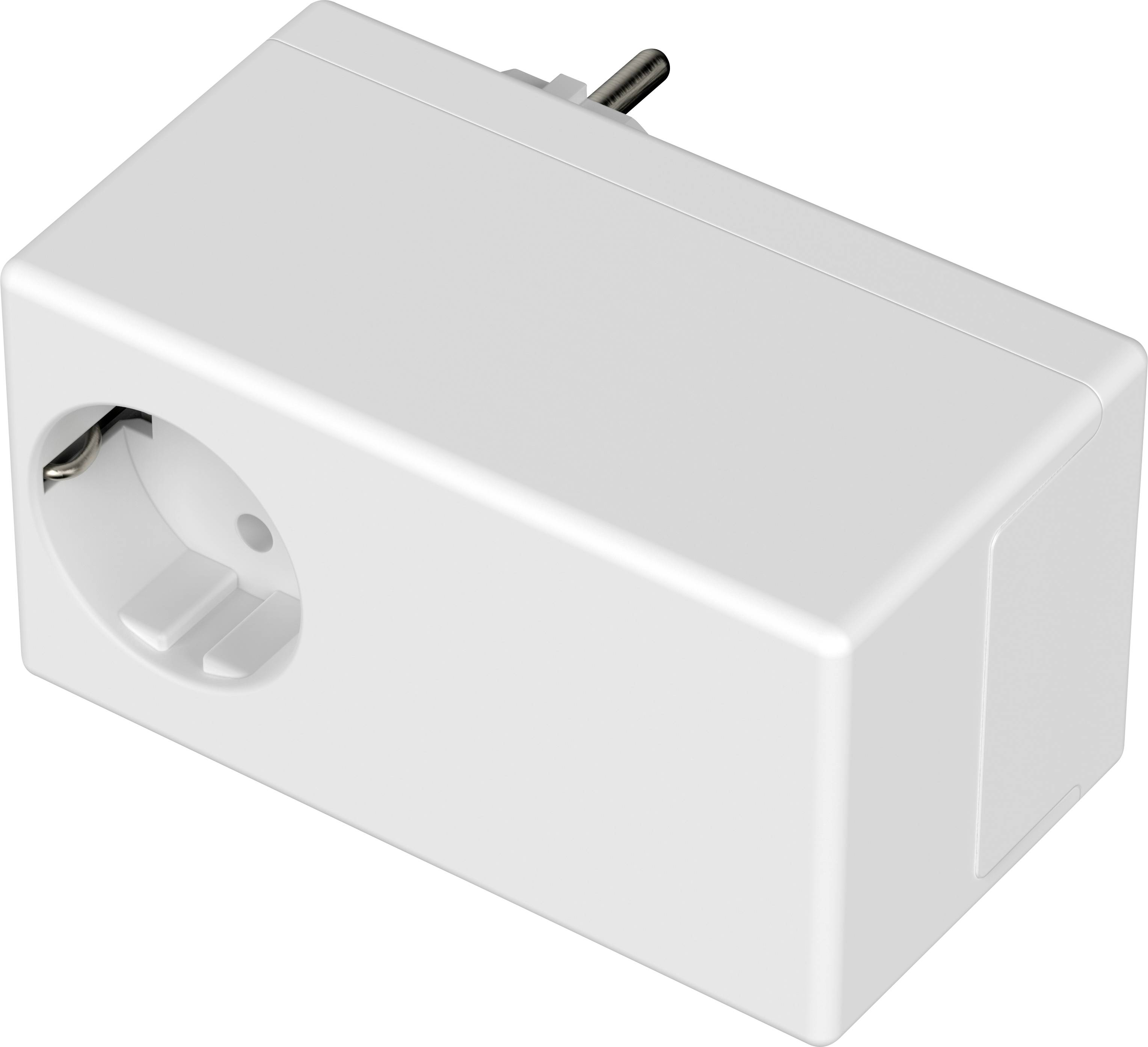 Barrette multiprises blanche vue en angle, montrant son boîtier extérieur et sa prise avec une fiche européenne.