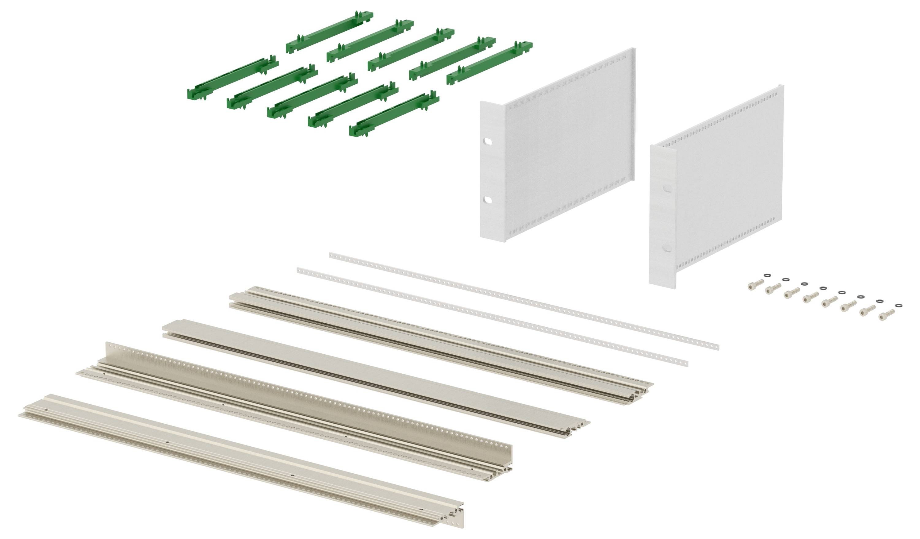 Composants de l'assemblage du tiroir comprenant des connecteurs verts, des panneaux latéraux, des cadres et des vis, organisés et présentés pour le montage.