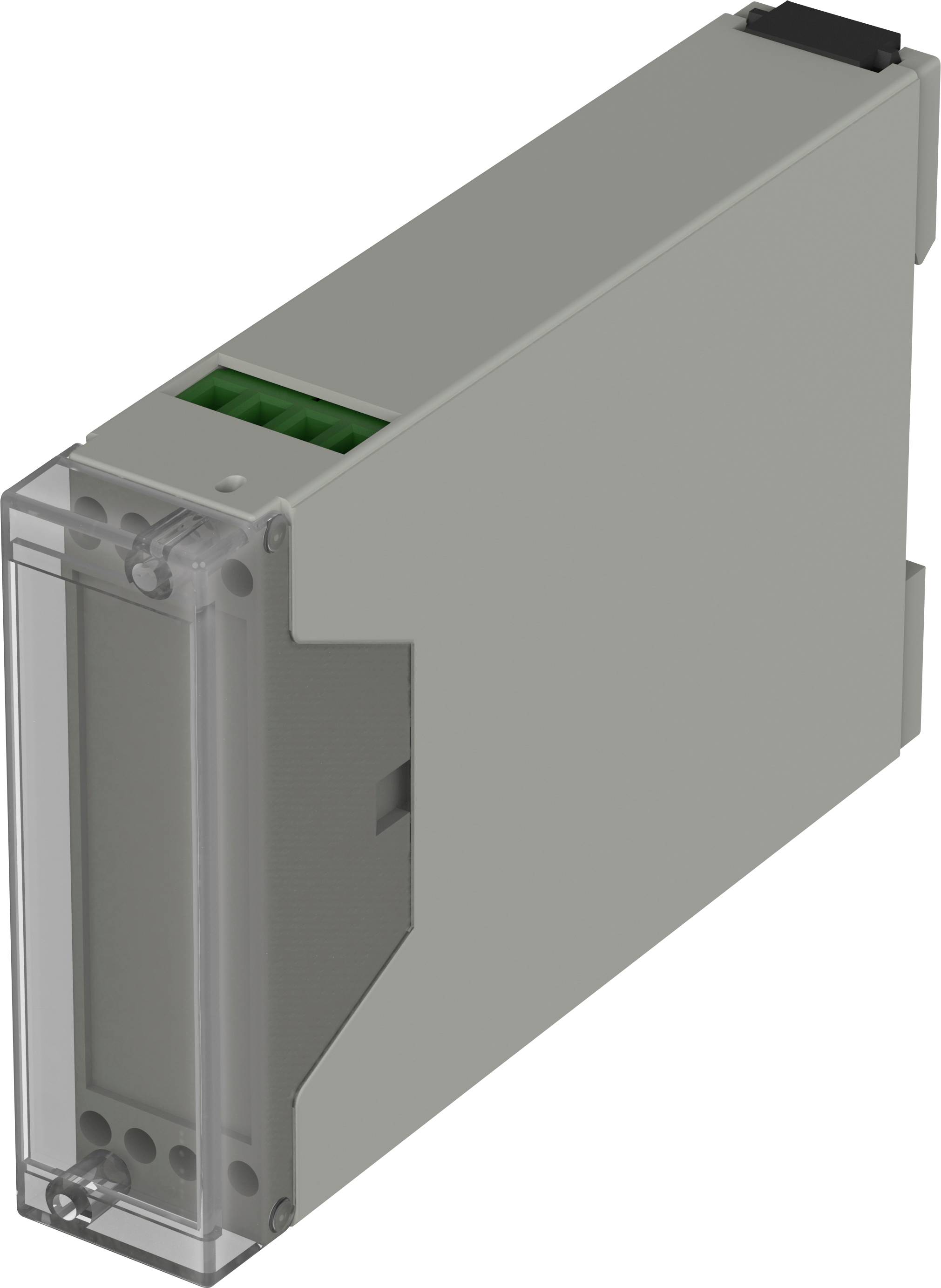 Unité de commande électronique compacte grise avec couvercle transparent et bornes de connexion vertes visibles sur les côtés.