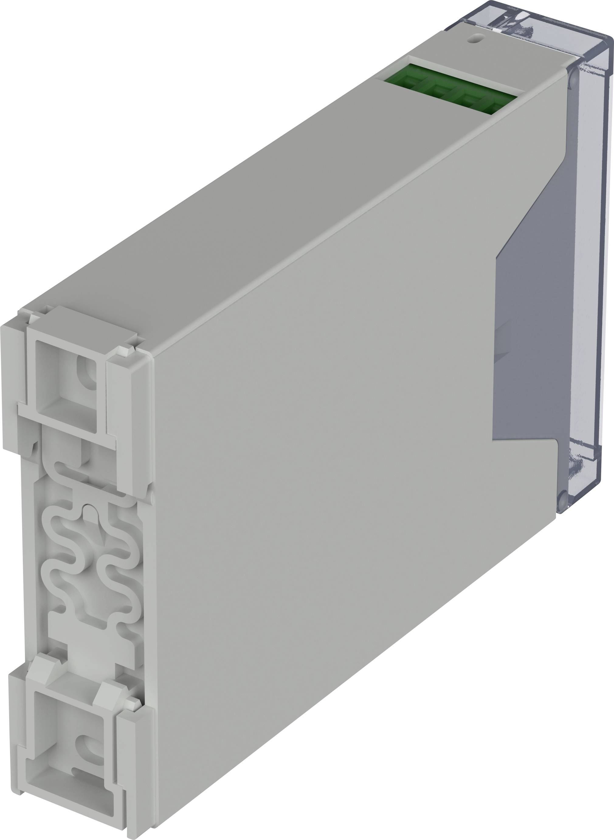 Boîtier électrique industriel en gris, rectangulaire et compact, avec des supports d'angle et une connexion verte visible.