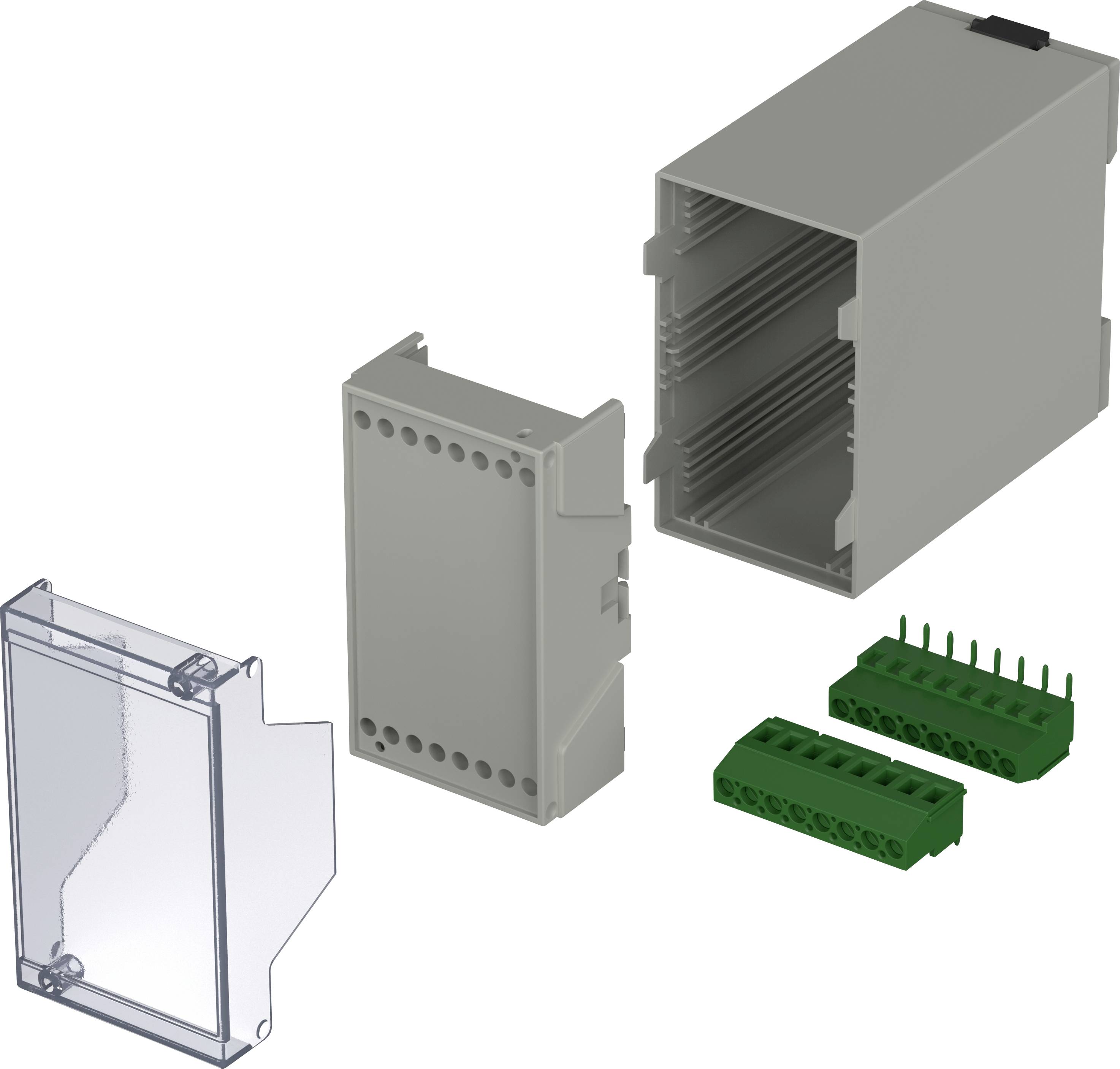 Boîtier pour composants électroniques : Boîtier gris démontable avec couvercle transparent et connecteurs verts.