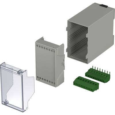 Boîtier pour composants électroniques : Boîtier gris démontable avec couvercle transparent et connecteurs verts.
