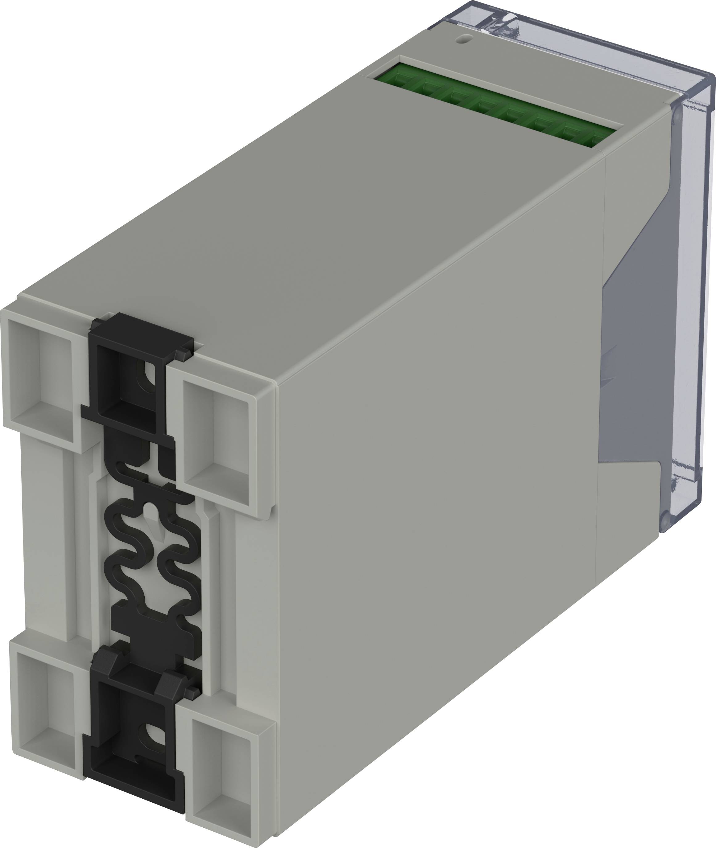 Boîtier électrique rectangulaire gris avec des ouvertures de ventilation et un couvercle transparent et amovible sur le côté droit.