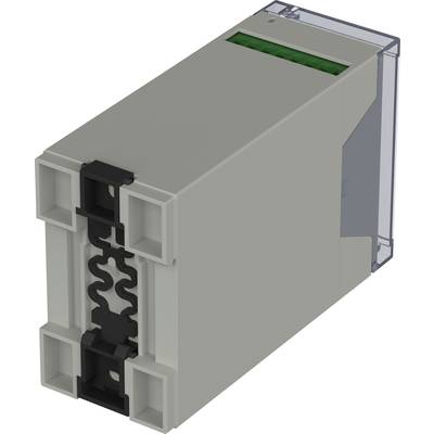 Boîtier électrique rectangulaire gris avec des ouvertures de ventilation et un couvercle transparent et amovible sur le côté droit.