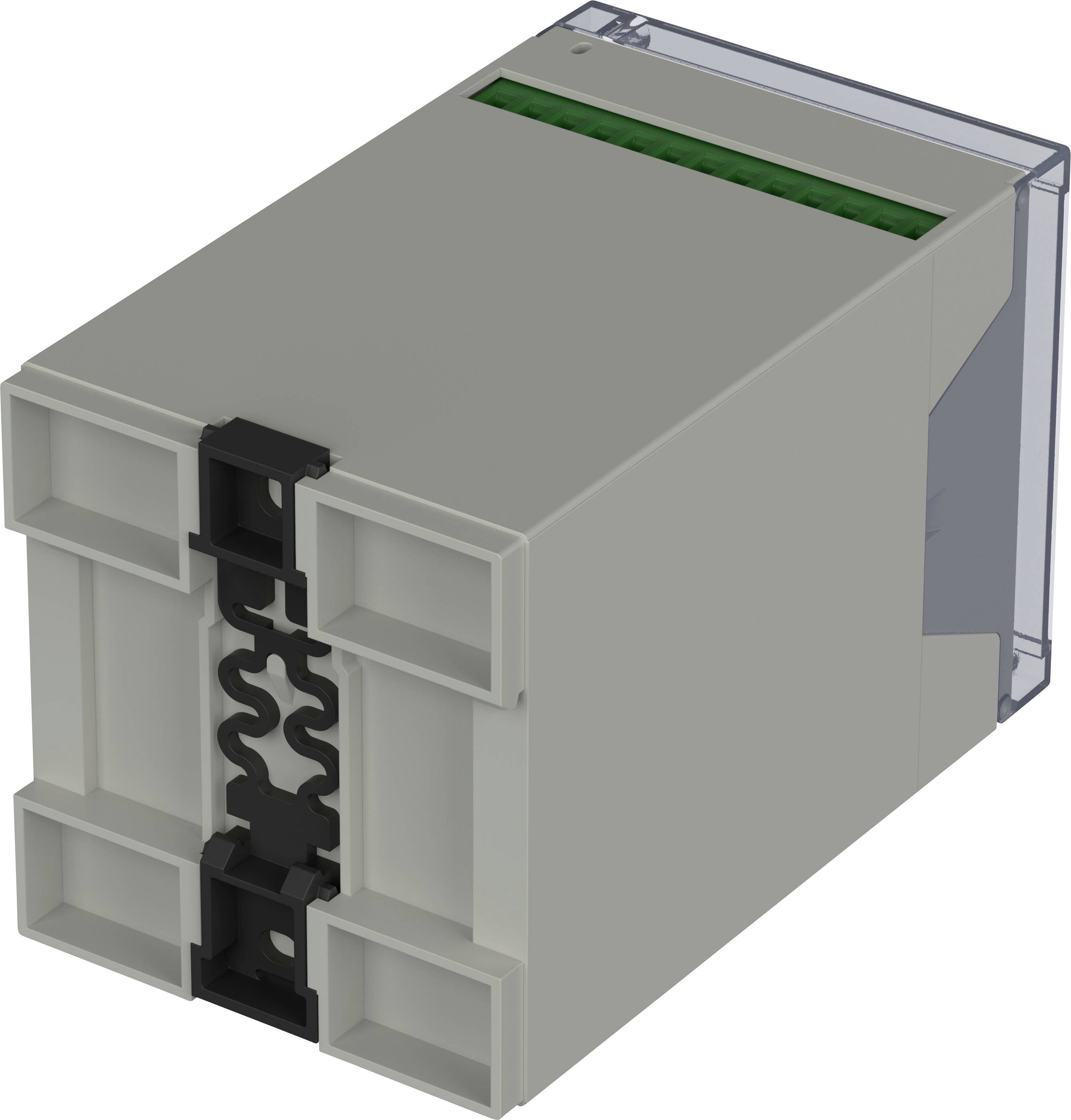 Un boîtier en plastique gris à plusieurs compartiments avec une fixation noire sur l'avant, adapté pour des composants électroniques.