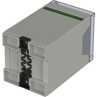 Un boîtier en plastique gris à plusieurs compartiments avec une fixation noire sur l'avant, adapté pour des composants électroniques.