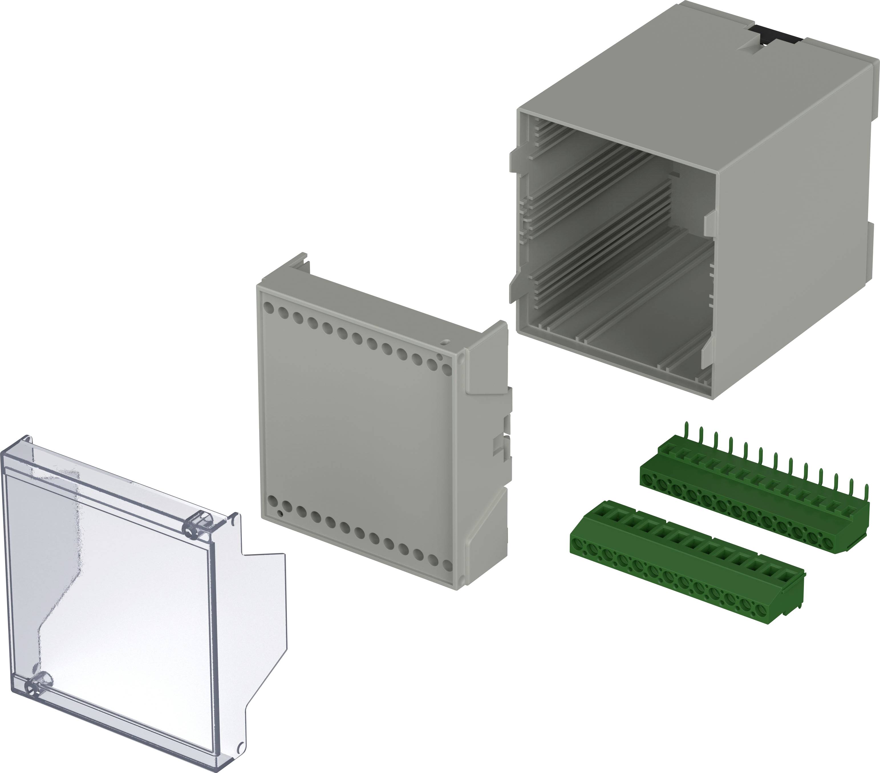 Kit de boîtier pour électronique : boîtier principal gris, couvercle transparent, deux modules enfichables verts.