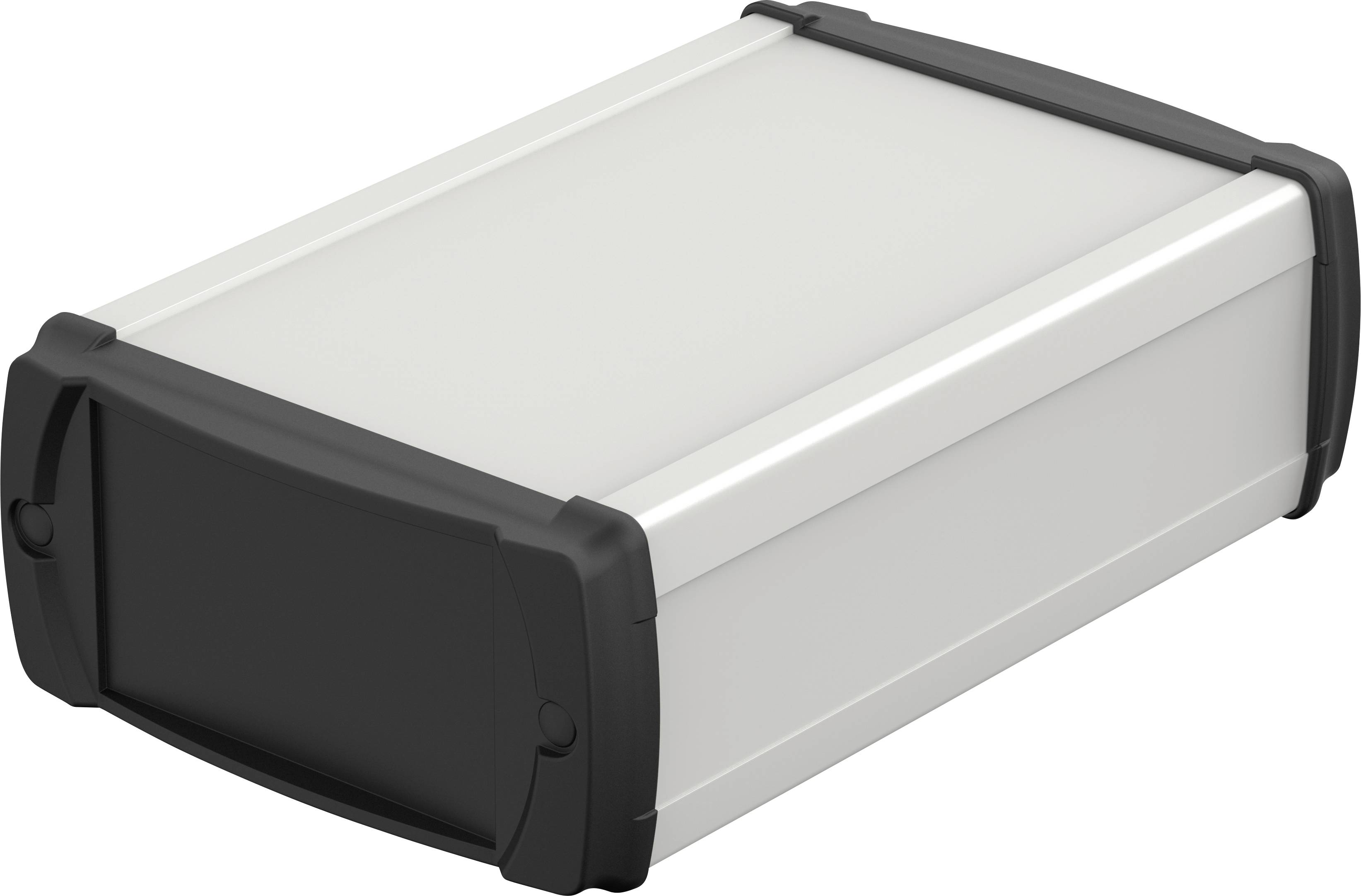Un boîtier rectangulaire blanc avec des coins noirs et un couvercle avant noir, adapté aux appareils électroniques.