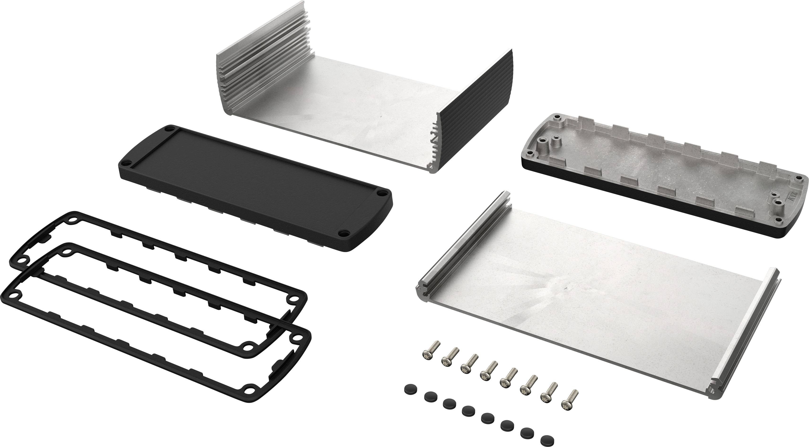 'Vue éclatée d'un kit de boîtier : deux plaques métalliques, capots en plastique, joints, vis et capuchons de vis.'