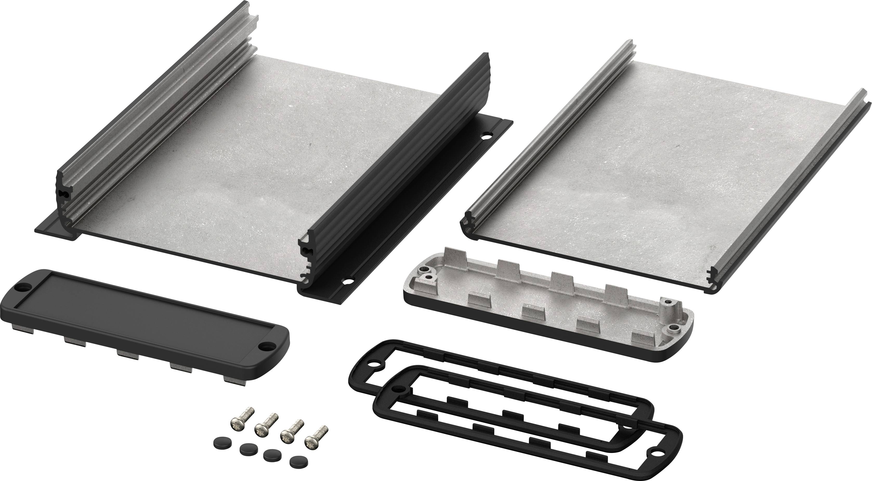 Composants d'un ensemble de boîtier : deux plaques métalliques, deux cadres en plastique, vis et joints d'étanchéité. Pour applications électroniques.