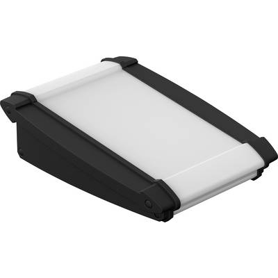 Lampe LED de forme rectangulaire, design noir et blanc, éléments de fixation latéraux, profil plat.