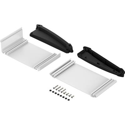 Deux supports noirs, deux plaques en plastique blanc et plusieurs petites vis et rondelles.