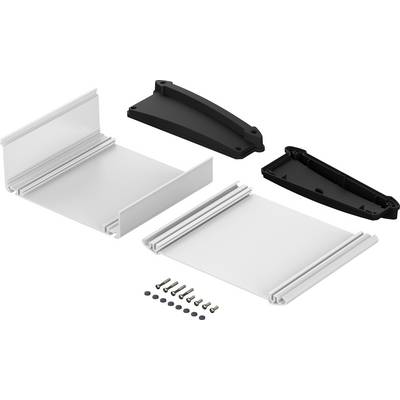 Plusieurs pièces en plastique blanches et noires, deux panneaux, des vis et de petites rondelles rondes pour l'assemblage d'un boîtier.