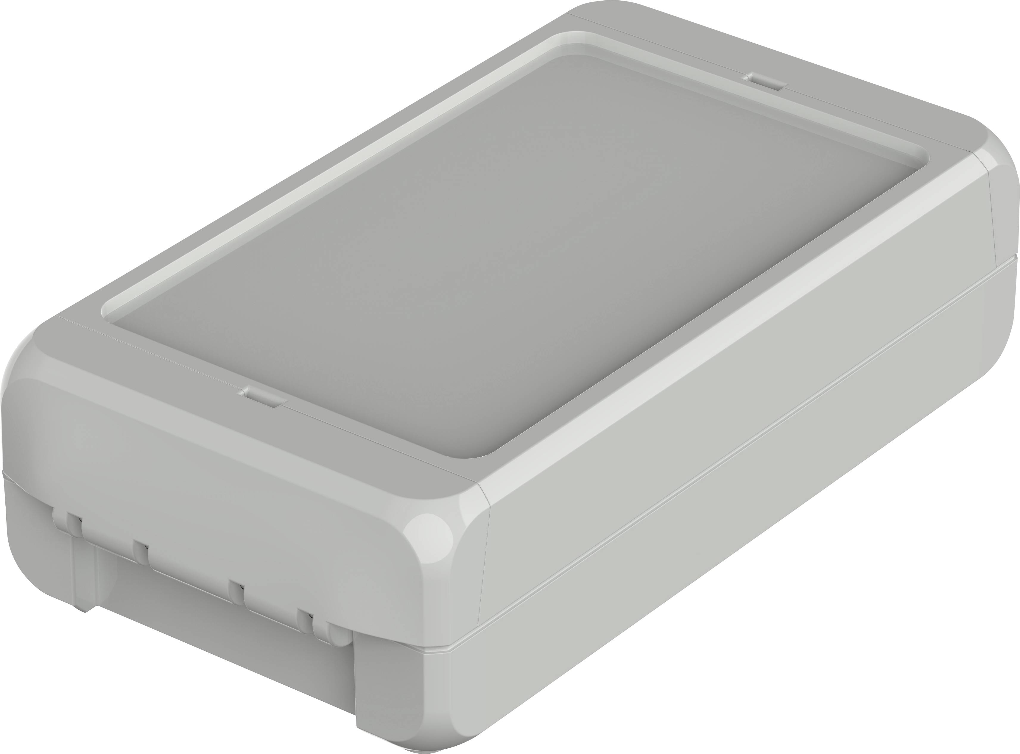 Boîtier rectangulaire gris aux coins arrondis, surmonté d'un couvercle lisse. Probablement un boîtier électronique.