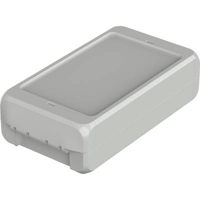 Boîtier rectangulaire gris aux coins arrondis, surmonté d'un couvercle lisse. Probablement un boîtier électronique.