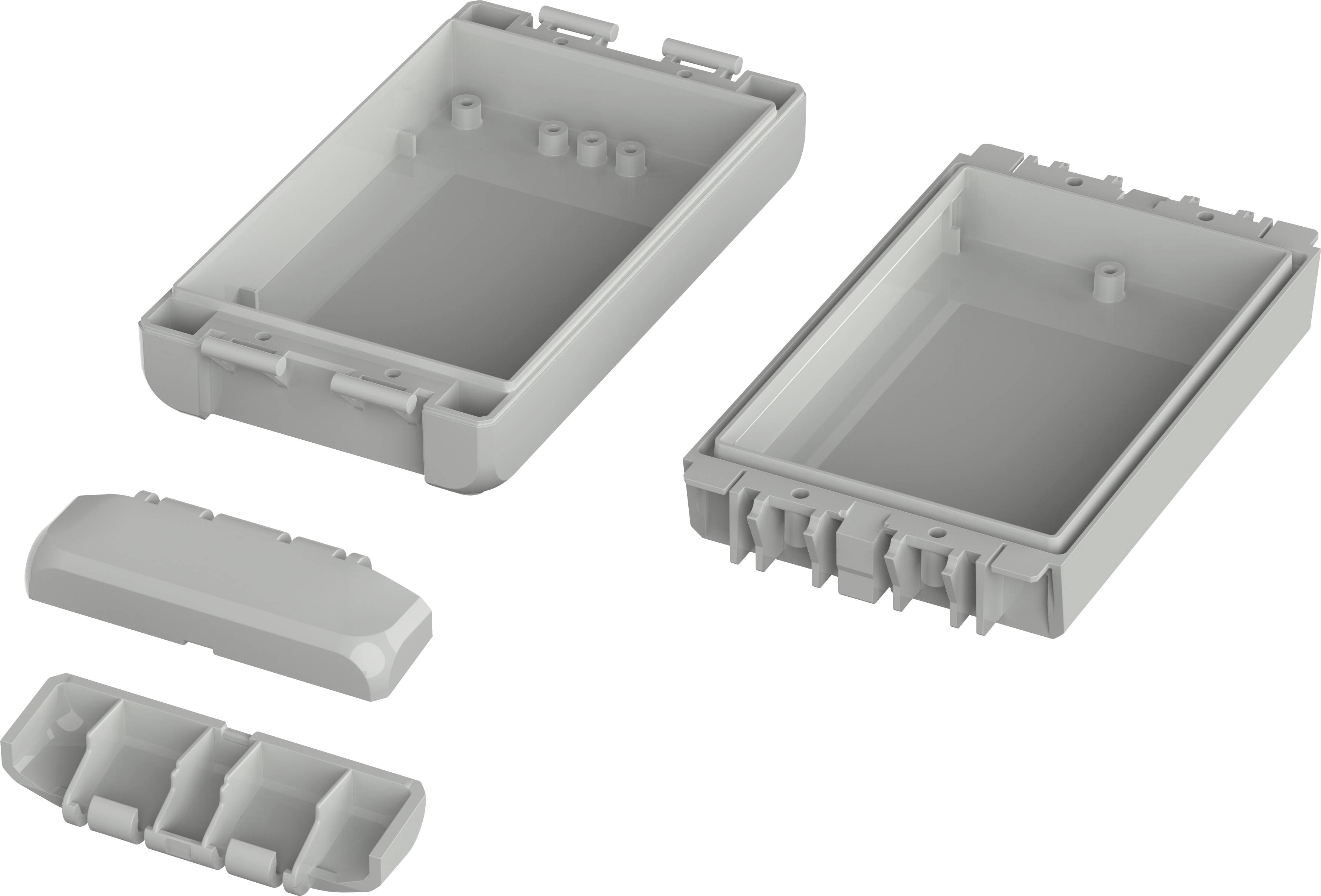 Boîtier en plastique gris, composé de deux parties principales, un couvercle et une partition intérieure, adapté pour l'électronique ou les petits appareils.