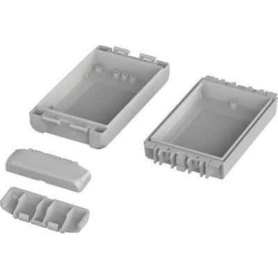 Boîtier en plastique gris, composé de deux parties principales, un couvercle et une partition intérieure, adapté pour l'électronique ou les petits appareils.