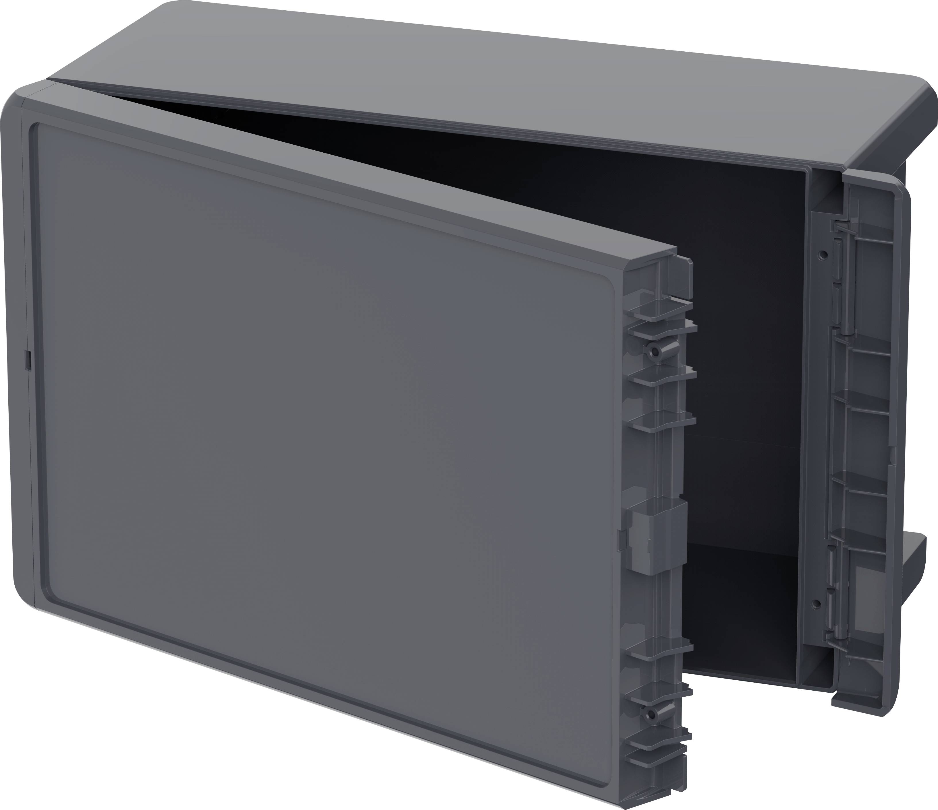 Boîtier gris rectangulaire avec un couvercle rabattable. Il comporte plusieurs points de fixation sur les côtés.